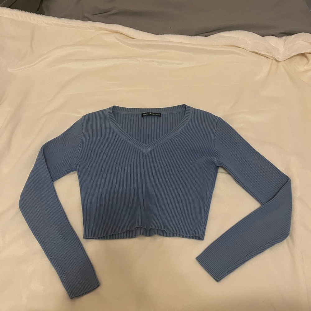 Brandy Melville Sky Blue Ribbed V-Neck Top